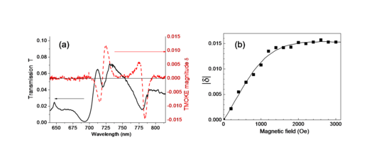 Diagrams of transmission versus wavelength and absolut value of delta versus  magnetic field