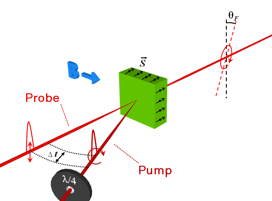 Scheme of a pump probe setup with an applied magnetic field to the sample